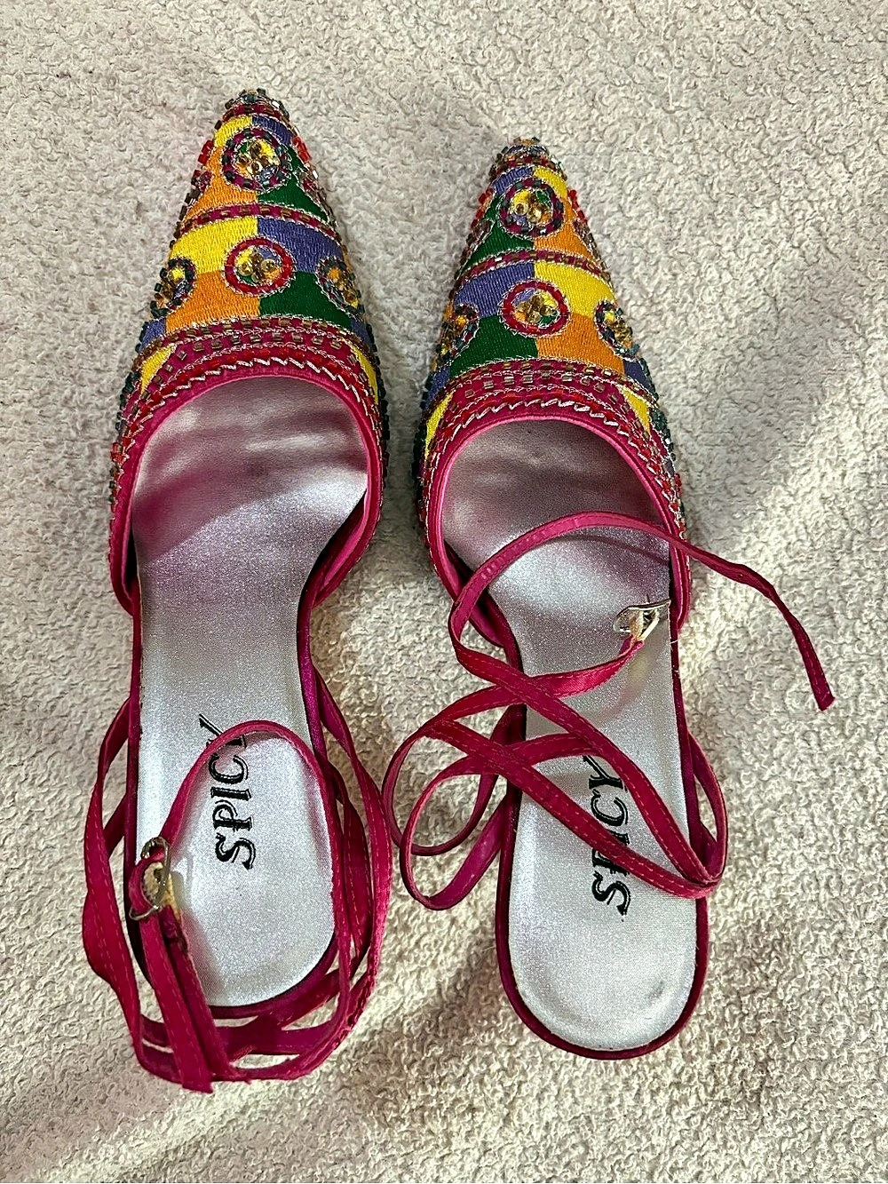 Vintage Y2K Spicy Pink Beaded Embroidered Pointed Toe Slingback Heels size 5 1/2